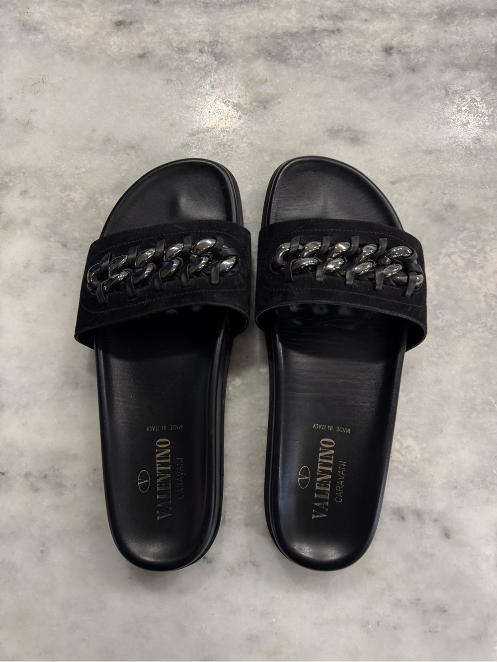 Valentino Garavani Black Slide Sandals with Silver Chain Detail